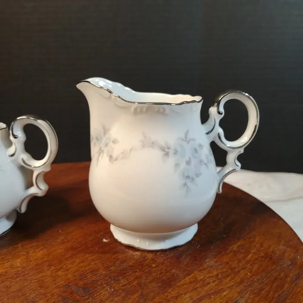 MIKASA Barbizon Pattern Sugar Bowl Dish w/ Lid & Creamer Blue Flowers Silver Rim